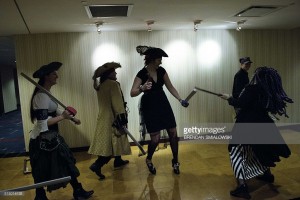 Photo of pirate fight during wedding.